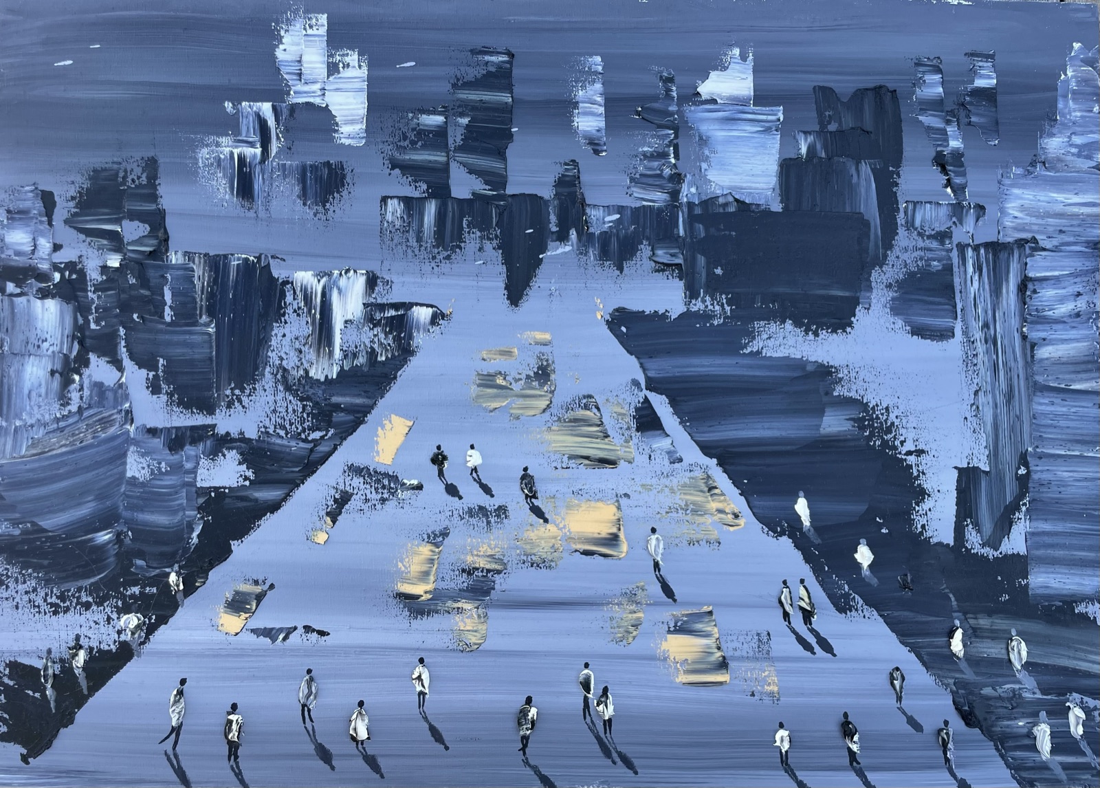 Oil painting from the Shadow Collection: figures crossing a luminous path