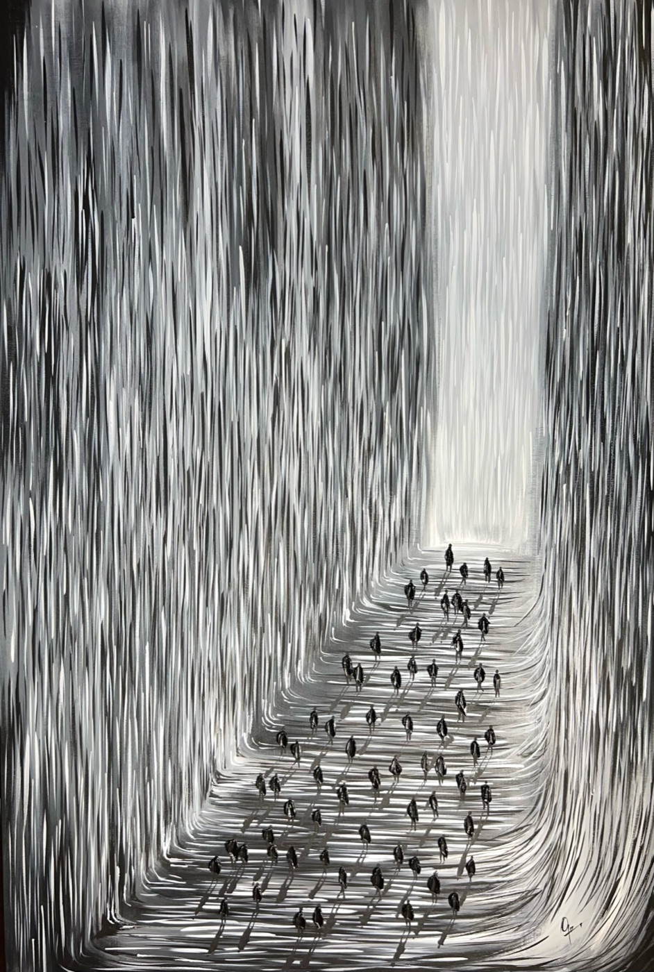 Oil painting from the Shadow Collection: a crowd descending toward light